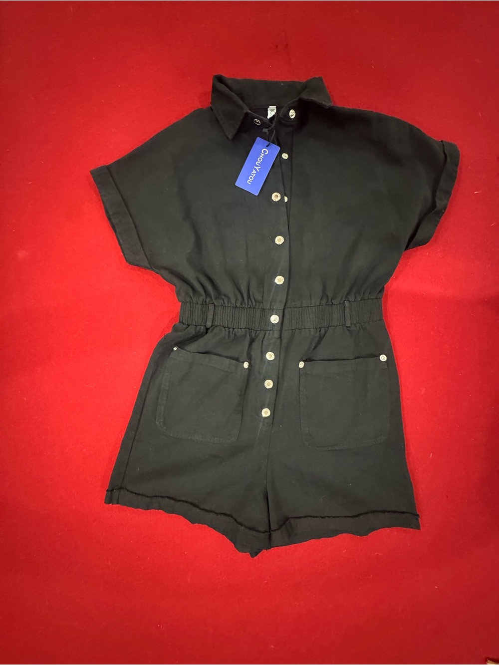 ChouYatou Utility Romper Snap Front Elastic Waist Cuffed Sleeve Sz XS Black
